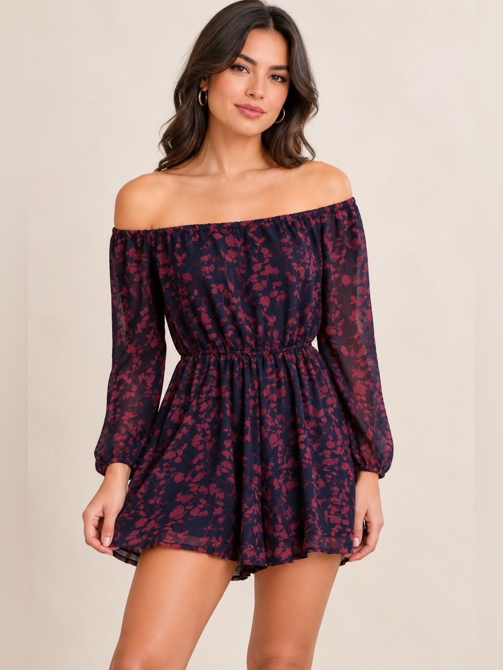 Off-Shoulder Long-Sleeve Floral Romper in Burgundy